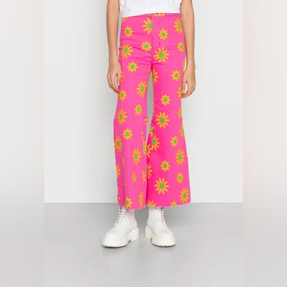 Free People Pink Lipstick Combo Floral Print High Rise Flare Jeans Women’s 28 - Picture 1 of 13